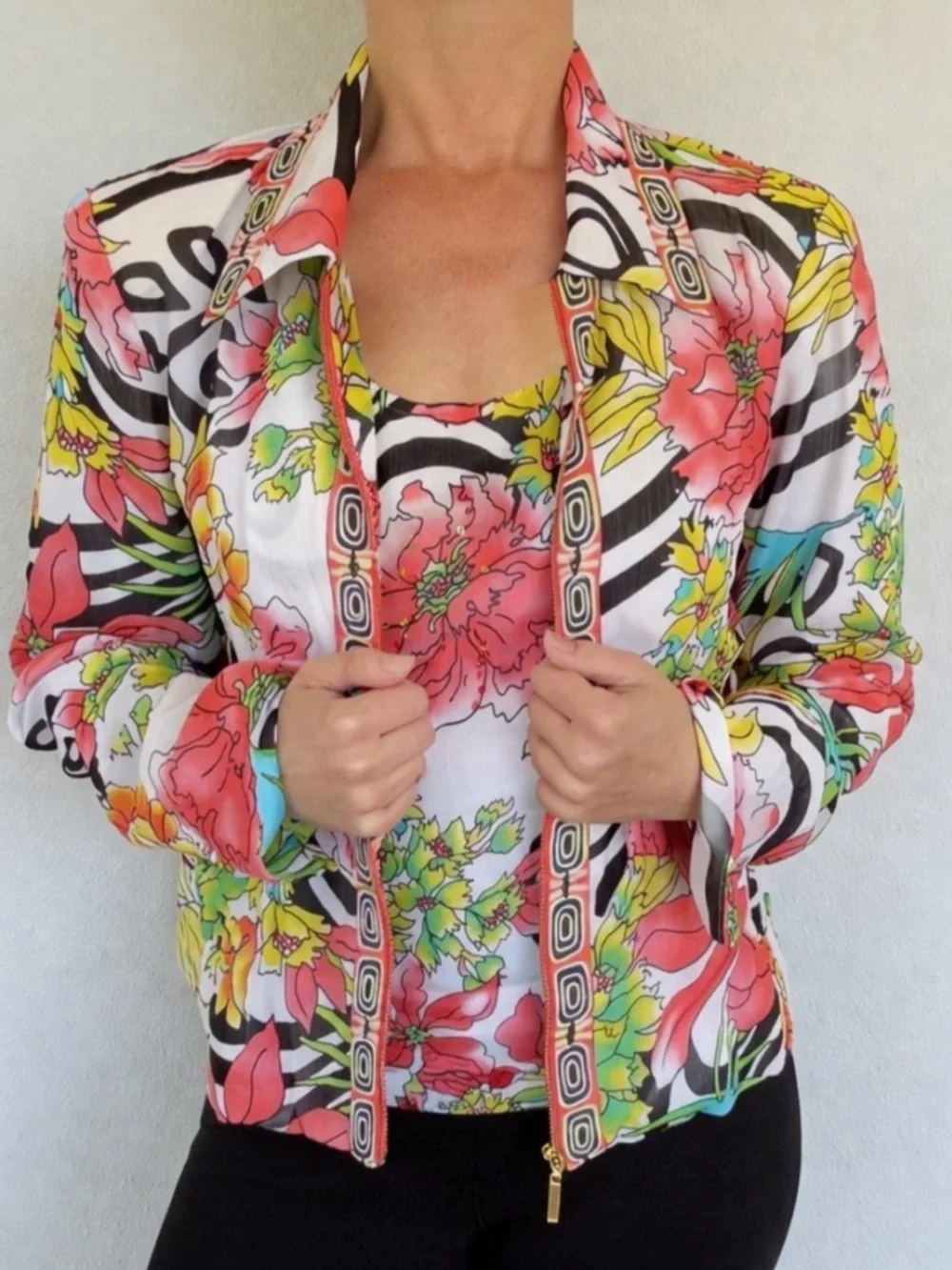 City Girl Nancy Bolen white pink tropical floral matching jacket tank set S/M